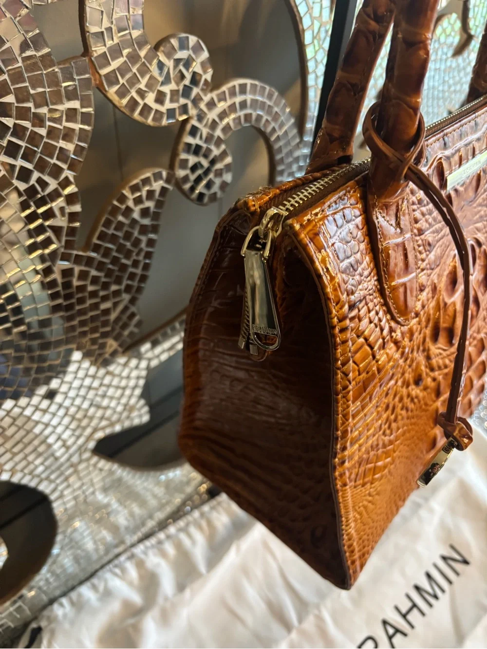 🌟Brahmin Croc-Embossed Leather Satchel in Cognac Brown